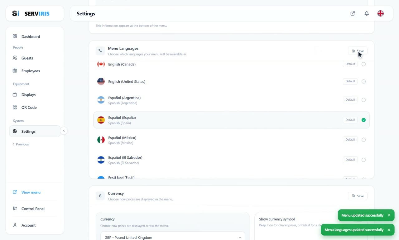 Step 2: Menu languages — and the currency below — Settings: everything in one lesson