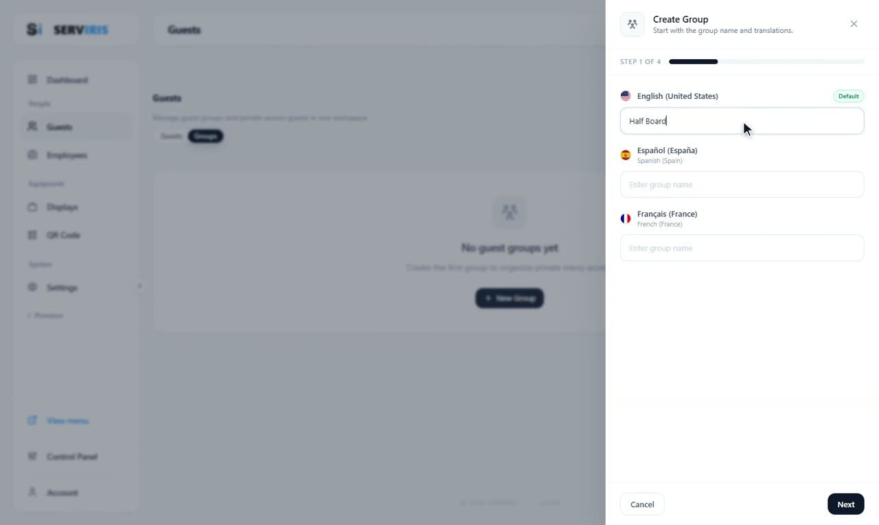 Step 1: The Groups tab — Guests: private access for hotels