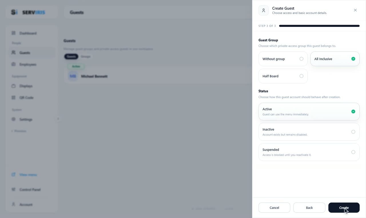 Step 5: Group, status, create — Guests: private access for hotels