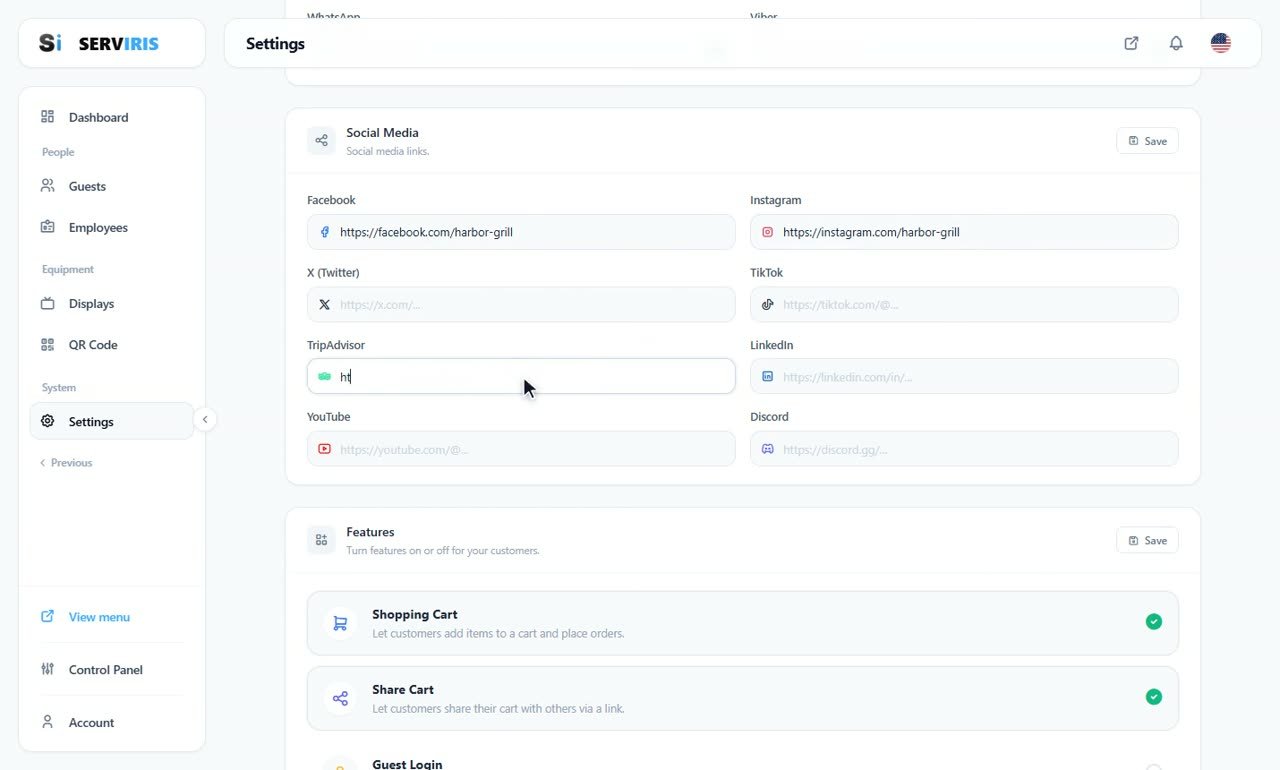 Step 6: Social links, and the features begin — Settings: everything in one lesson