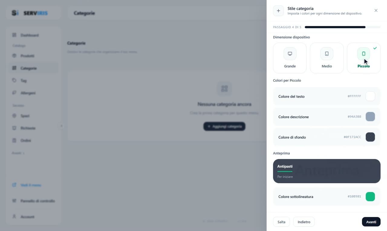 Passo 3: Colori per ogni dispositivo — Categorie e sottocategorie
