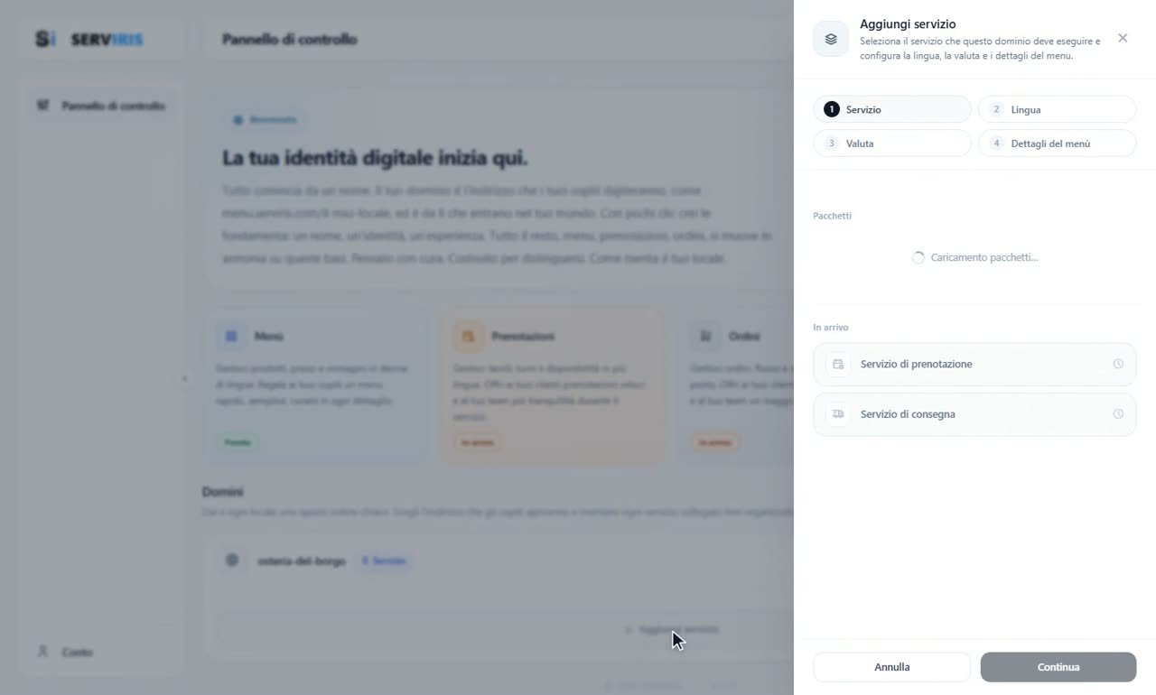 Passo 1: Aggiungi un servizio — Crea il tuo locale