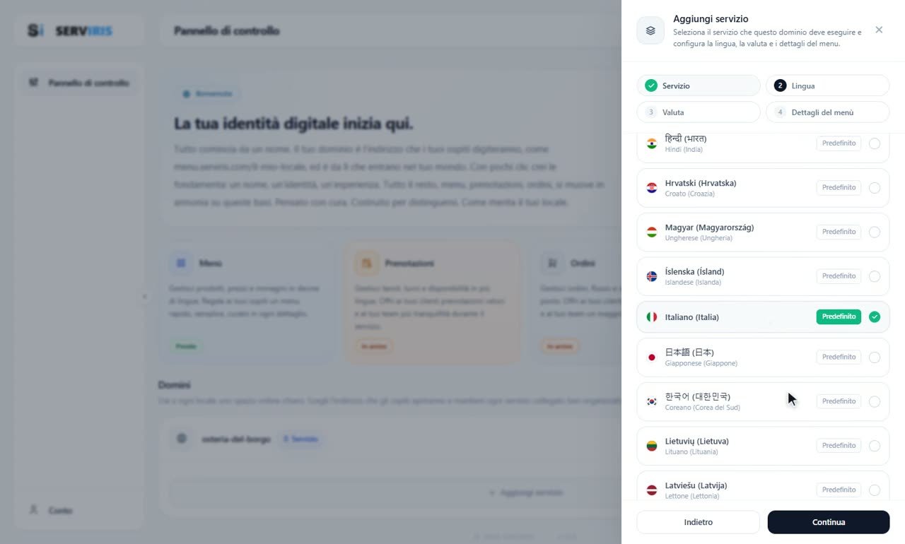 Passo 2: La lingua del menu — Crea il tuo locale