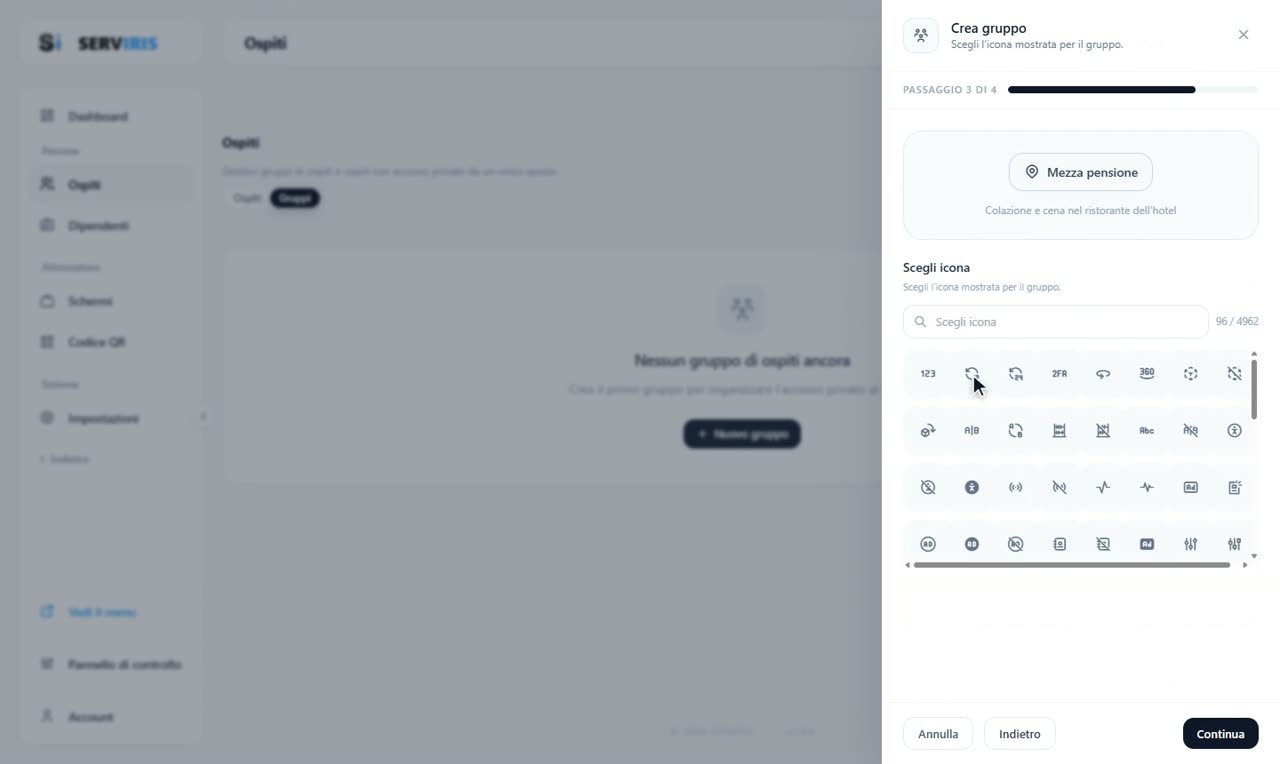 Passo 2: Un'icona da tutto il catalogo, e i colori — Ospiti: accesso privato per gli hotel