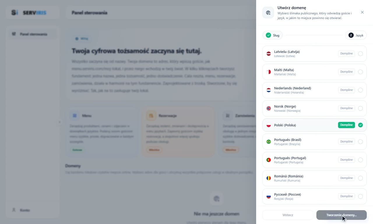 Krok 3: Język i utworzenie — Twoja pierwsza domena