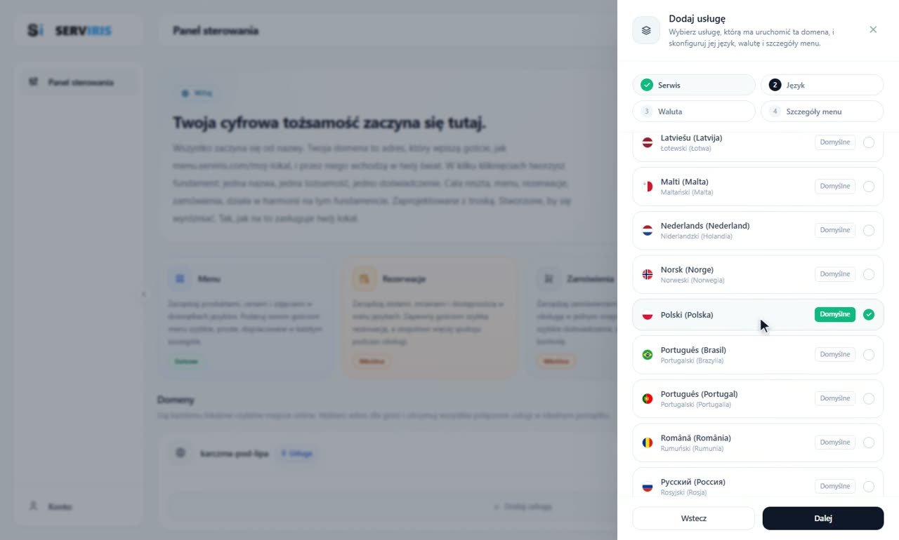Krok 2: Język menu — Utwórz swój lokal