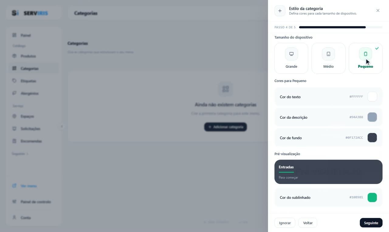 Passo 3: Cores por dispositivo — Categorias e subcategorias