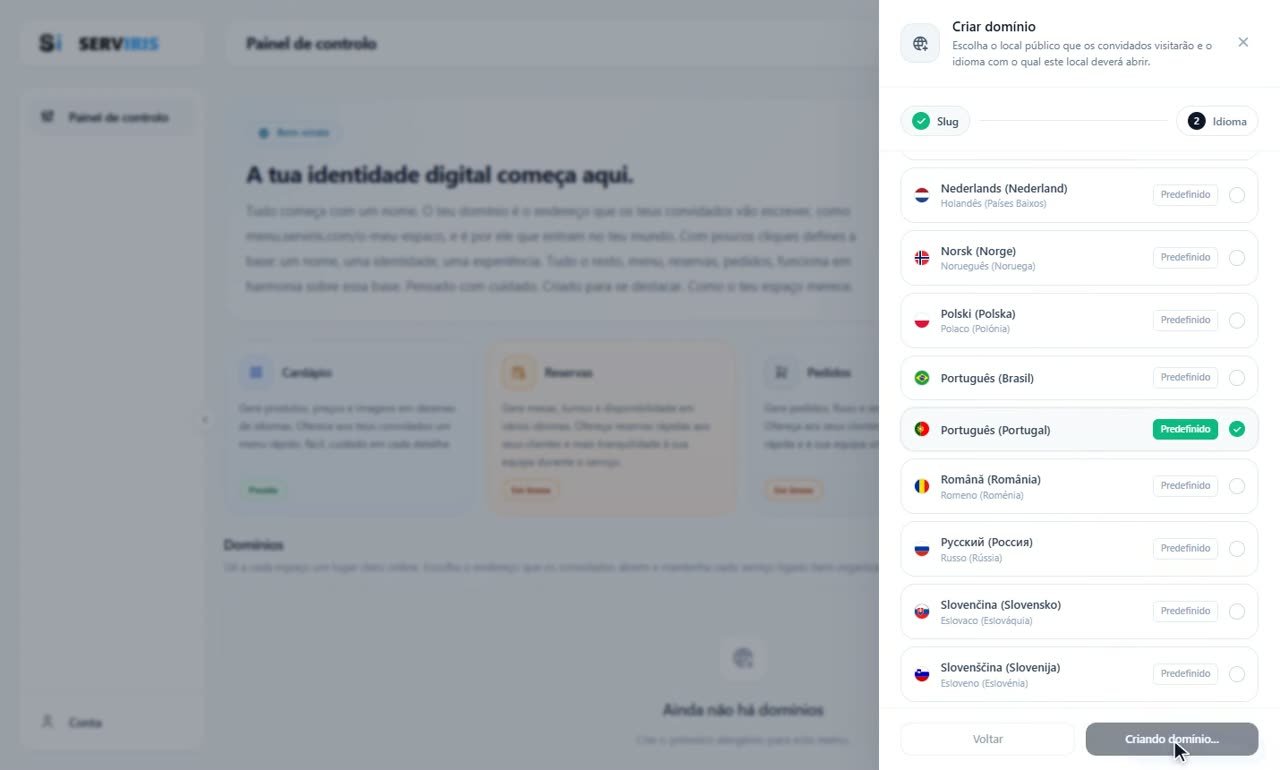 Passo 3: Idioma e criação — O seu primeiro domínio