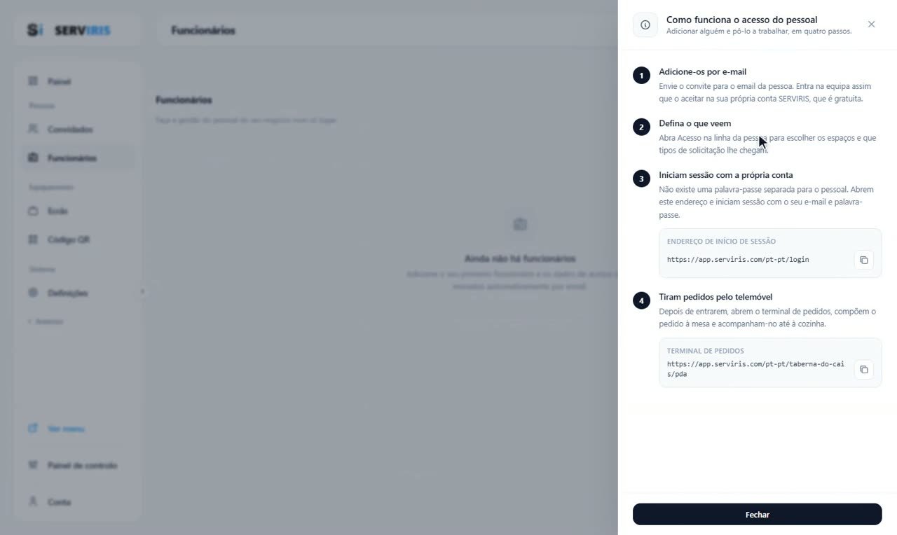 Passo 1: Como funciona — Funcionários: convite e acesso