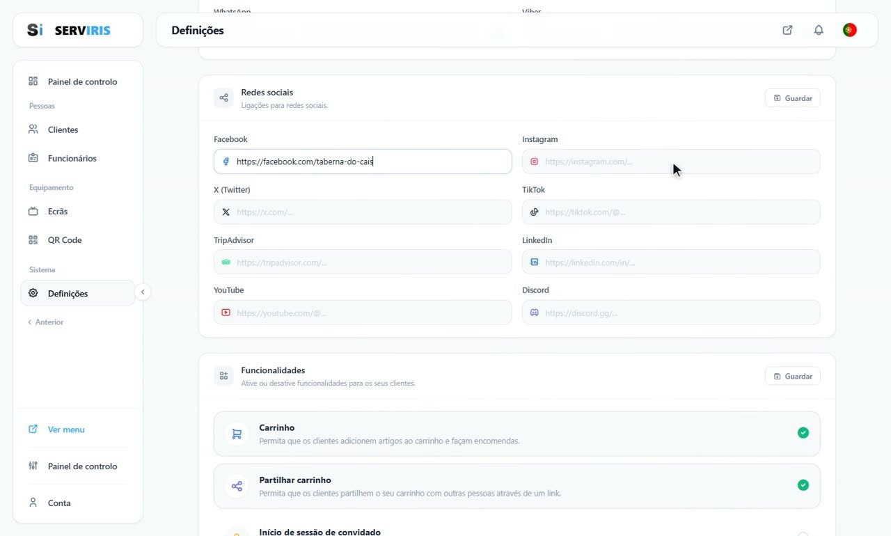 Passo 6: Contactos, redes sociais e e-mails de encomenda — Definições: tudo numa lição