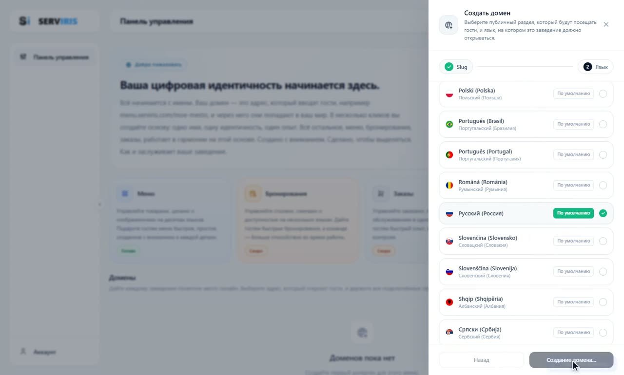 Шаг 3: Язык и создание — Ваш первый домен